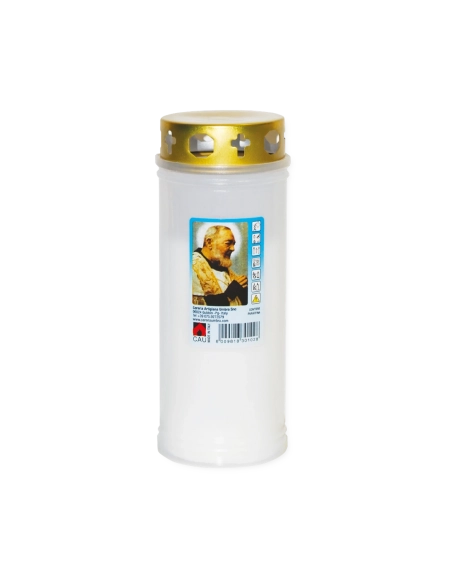 Lumino votivo bianco con parapioggia Padre Pio T.40/K