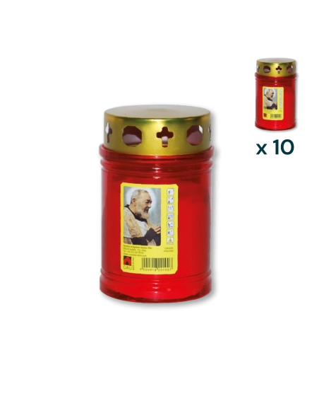 Lumino votivo rosso con parapioggia Padre Pio T.20/5 (confezione 10 pezzi)