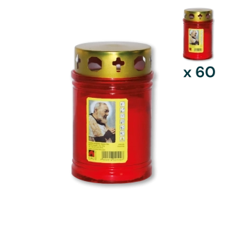 Lumino votivo rosso con parapioggia Padre Pio T.20/5 - CONF. RISPARMIO 60 PZ