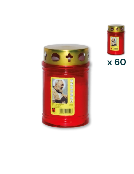 Lumino votivo rosso con parapioggia Padre Pio T.20/5 - CONF. RISPARMIO 60 PZ