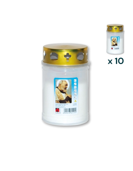 Lumino votivo bianco con parapioggia Padre Pio T.20/5 (confezione 10 pezzi)
