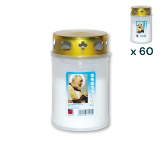 Lumino votivo bianco con parapioggia Padre Pio T.20/5 - CONF. RISPARMIO 60 PZ