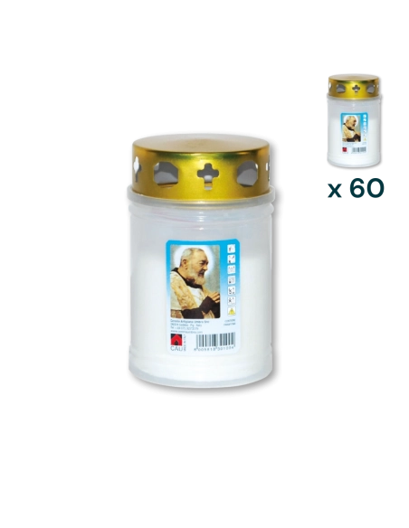 Lumino votivo bianco con parapioggia Padre Pio T.20/5 - CONF. RISPARMIO 60 PZ