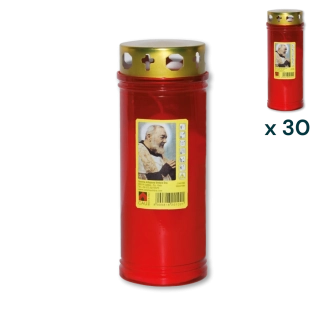 Lumino votivo rosso con parapioggia Padre Pio T.40/K - CONF. RISPARMIO 30 PZ