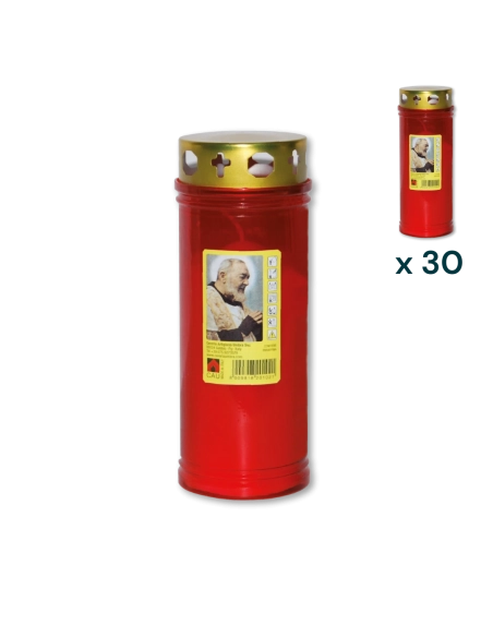 Lumino votivo rosso con parapioggia Padre Pio T.40/K - CONF. RISPARMIO 30 PZ