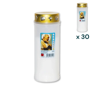 Lumino votivo bianco con parapioggia Padre Pio T.40/K - CONF. RISPARMIO 30 PZ