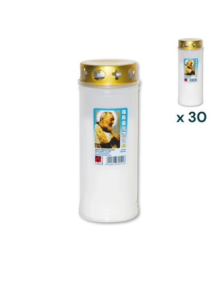 Lumino votivo bianco con parapioggia Padre Pio T.40/K - CONF. RISPARMIO 30 PZ