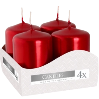 Candele inodore 4 x 6 cm rosso metallizzato (confezione 4 pezzi)