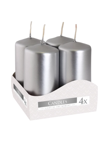 Candele inodore 4 x 8 cm argento (confezione 4 pezzi)