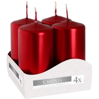 Candele inodore 4 x 8 cm rosso metallizzato (confezione 4 pezzi)