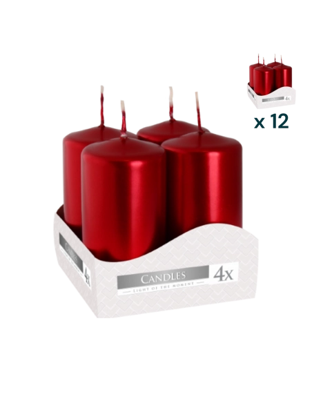 Candele inodore 4 x 8 cm rosso metallizzato - PACCO RISPARMIO 12 CONFEZIONI (4 pezzi a confezione)